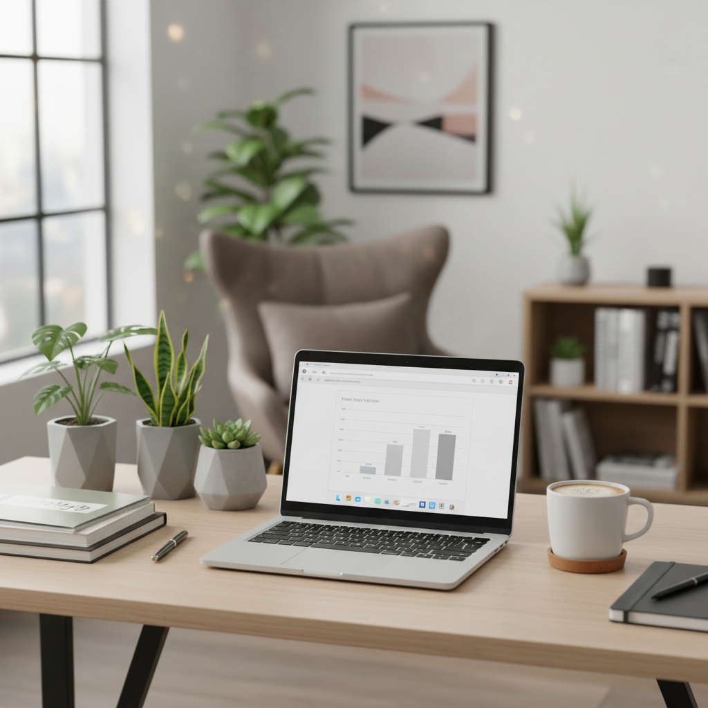 Bureau moderne avec un ordinateur portable affichant des lignes de code.