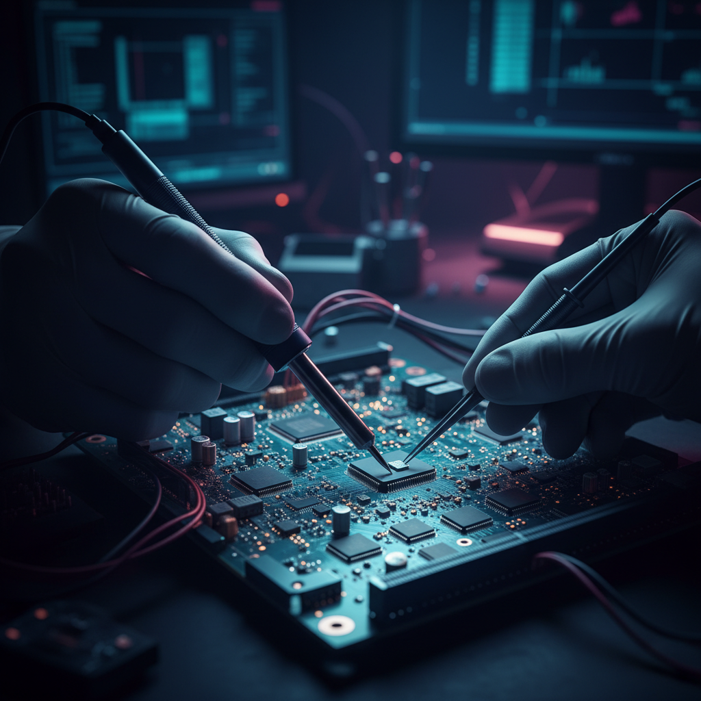 Technicien réparant l'intérieur d'un ordinateur ouvert sur un établi.